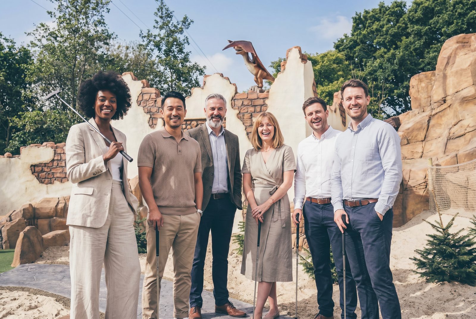 A corporate team at our dinosaur adventure golf course