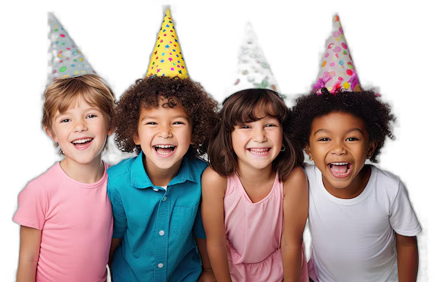 Children in party hats celebrating at Mighty Adventures